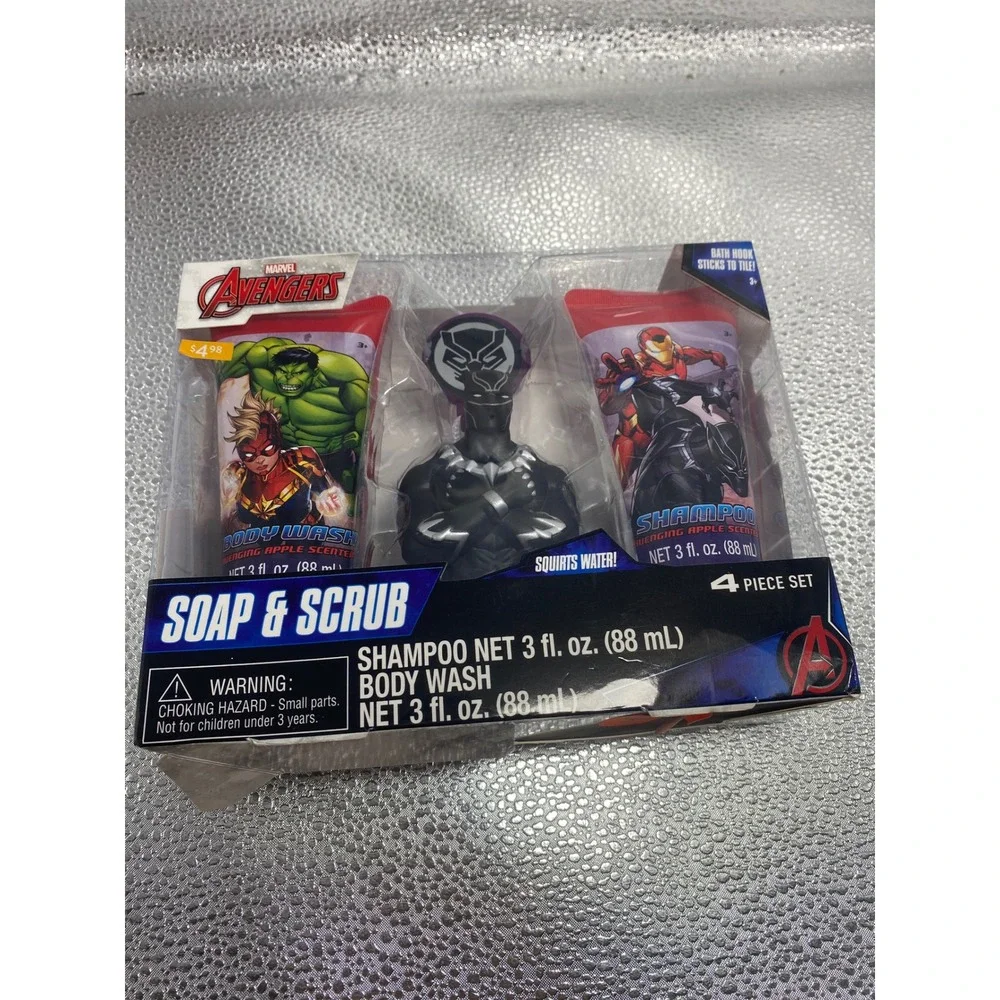 Marvel Avengers Soap & Scrub 4 Piece Bath Set Black Panther Squirter Apple Scent